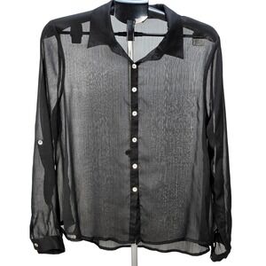 Women's Living Doll Large Black Sheer Crinkle Button Down Roll Tab Sleeve Shirt